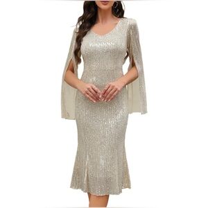 Sequin Cocktail Weddings Guest Evening Party Gowns Slim Midi Fishtail Dress